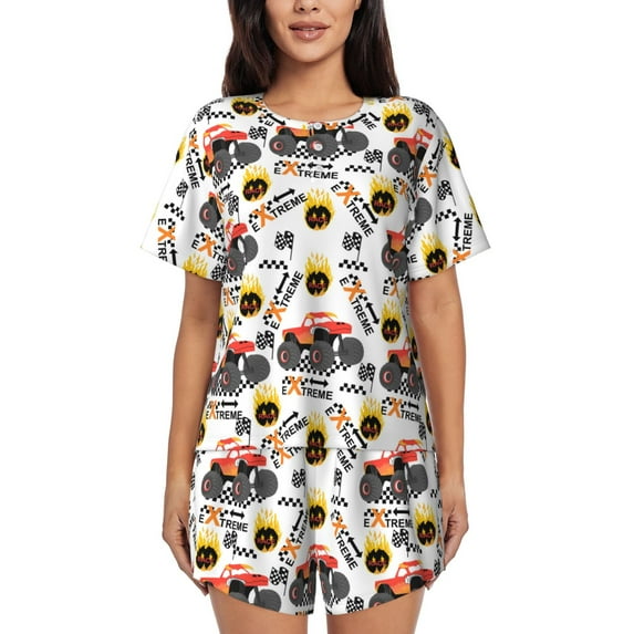 Rocae Monster truck for Two Piece Sleepwear Pajamas Sets for Women Soft Short-Sleeved Pjs with Lounge Shorts-X-Large