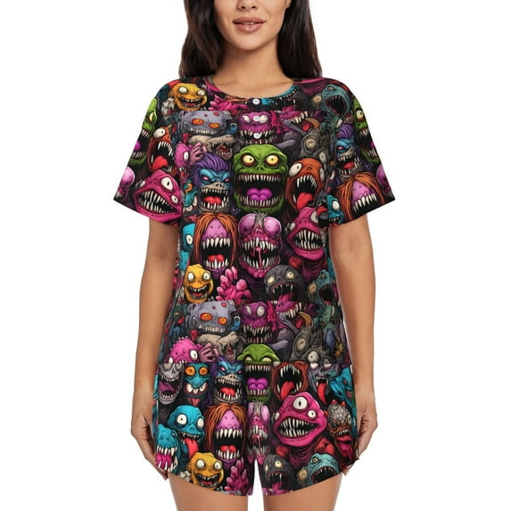 Rocae Monstrous Cartoon Characters for Two Piece Sleepwear Pajamas Sets for Women Soft Short-Sleeved Pjs with Lounge Shorts -3X-Large