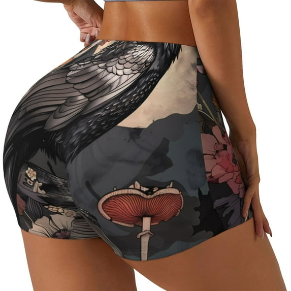 Rocae Moonlit Crow Blossoms for Women's Quick-Dry Running Shorts,Ladies Active Athletic Apparel Yoga Workout Gym Running Volleyball Spandex Shorts-XX-Large