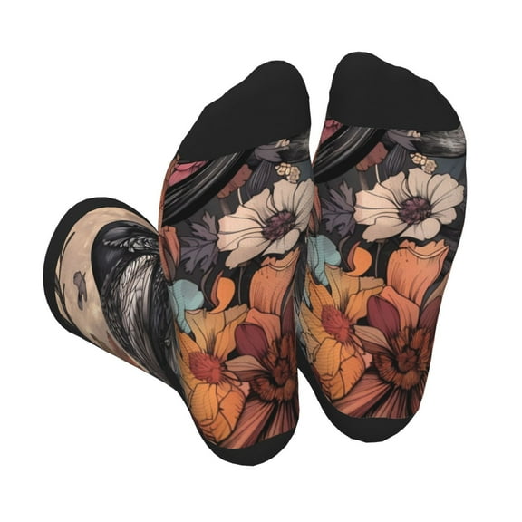 Rocae Moonlit Crow Blossoms for Adult Socks Casual Athletic Stretchy Loose Socks for Women Men Non-Slip Middle Tube Socks