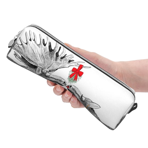 Rocae Moose Kissing Under Mistletoe for Pen and Marker Pouch with Zipper for Men and Women, Stationery Bag Pen Holder for Work and Office