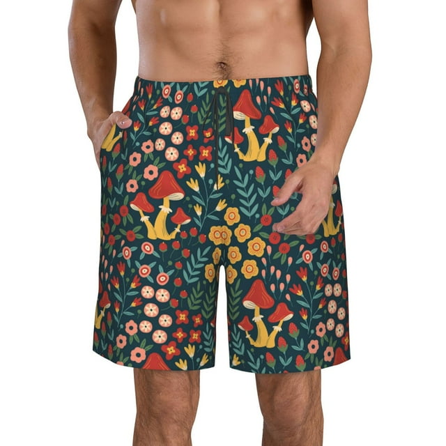 Rocae Mushrooms And Flowers for Men's Beach Shorts Casual Elastic Waist