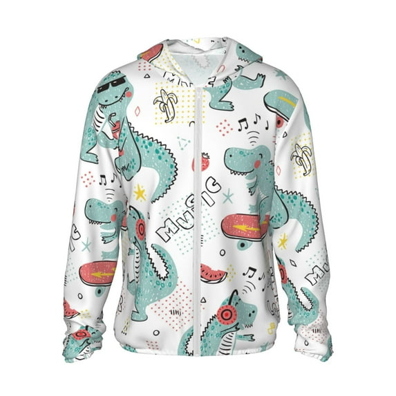 Rocae Music Lover Dinosaur Print Breathable Sun Protection Hoodie Quick-Dry Lightweight Long Sleeve Hoodie Unisex Running Sports Shirt Large