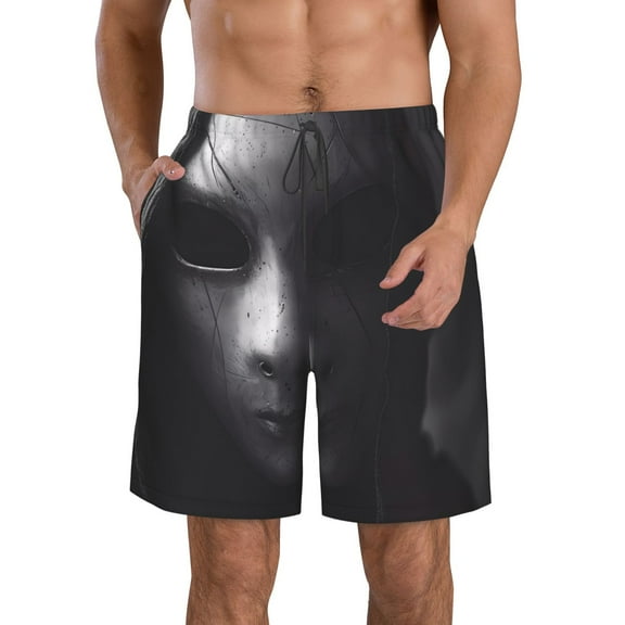 Rocae Mystical Masked Figure Monochrome for Men's Beach Shorts Casual Elastic Waist Drawstring Summer Beach Shorts,S-3XL-Large