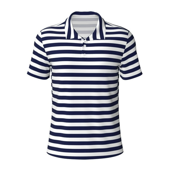 Rocae Navy Blue And White Stripes for Men's Short Sleeve Polo Shirt, Quick Drying Performance Moisture Wicking Sports Men's Golf Shirt Large