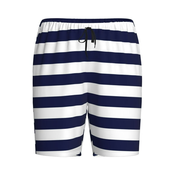 Rocae Navy Blue And White Stripes for Men's Soft Sleep Pajama Shorts, Waistband and Pockets