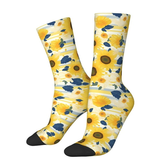 Rocae Navy Blue Leaf Sunflower for Adult Socks Casual Athletic Stretchy Loose Socks for Women Men Non-Slip Middle Tube Socks