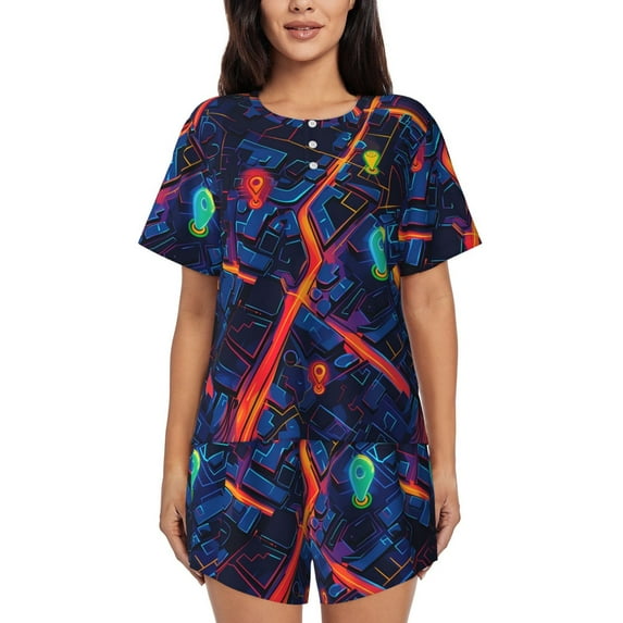 Rocae Neon City Map for Two Piece Sleepwear Pajamas Sets for Women Soft Short-Sleeved Pjs with Lounge Shorts -Small