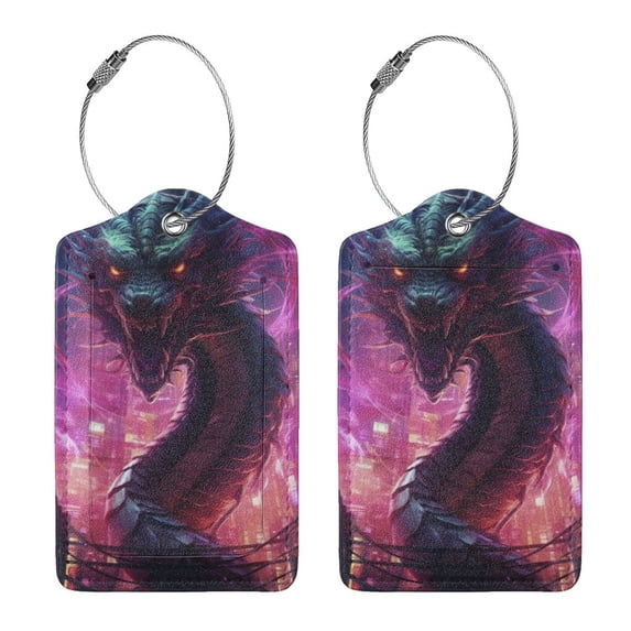 Rocae Neon Futuristic Dragon for Leather Luggage Baggage Tags ID Label Privacy Cover ID Label with Stainless Steel Loop and Address Card