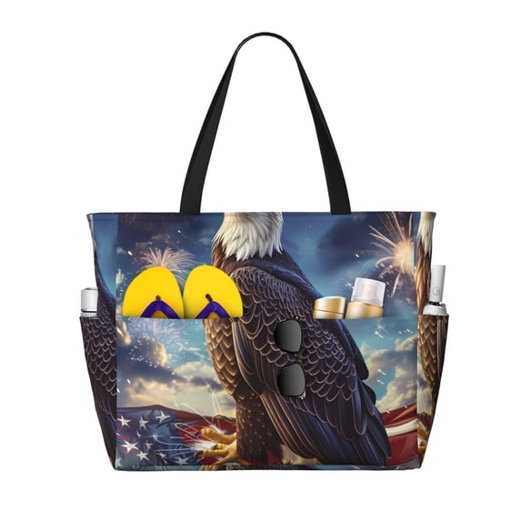 Rocae Night Sky Bald Eagle for Large Women's Waterproof Beach Bag Tote with 7 Pockets Pool Bag for Travel Gym Vacation