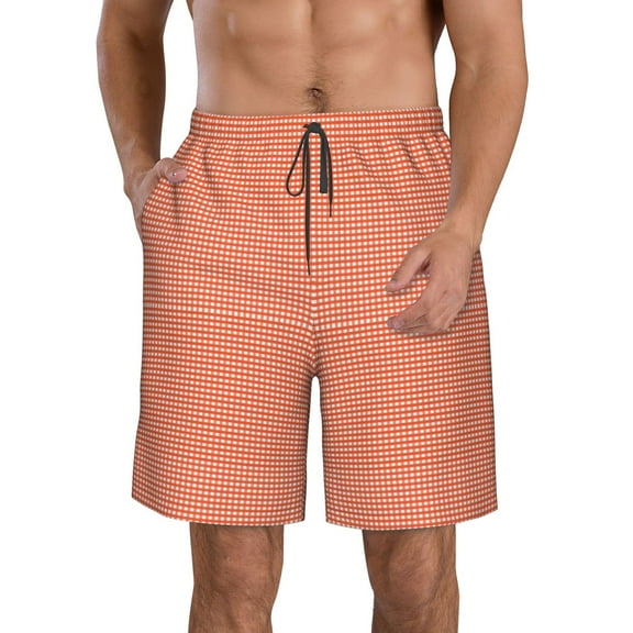 Rocae Orange Gingham for Men's Beach Shorts Casual Elastic Waist Drawstring Summer Beach Shorts,S-3XL-Small