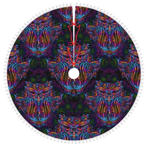 Rocae Paisley And Owls for Christmas Tree Skirt with Pom Pom Trim for Holiday Party for Holiday Home Decor Indoor Outdoor-36"
