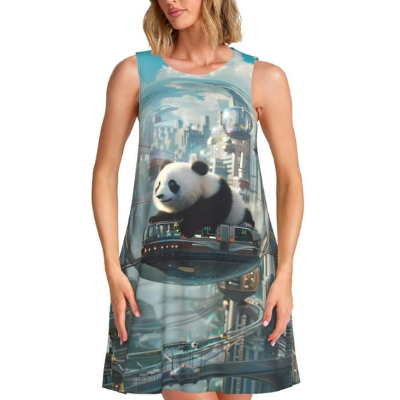 Rocae Panda In Futuristic City for Sleeveless Dresses Summer Casual Ruffle Sleeveless Cute Crew Neck Flowy Dress with Pockets