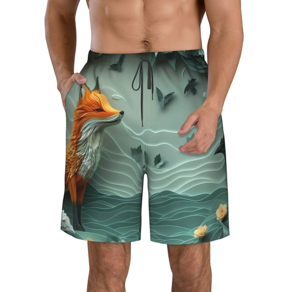 Rocae Paper Fox Crow Fantasy for Men's Beach Shorts Casual Elastic Waist Drawstring Summer Beach Shorts,S-3XL-XX-Large