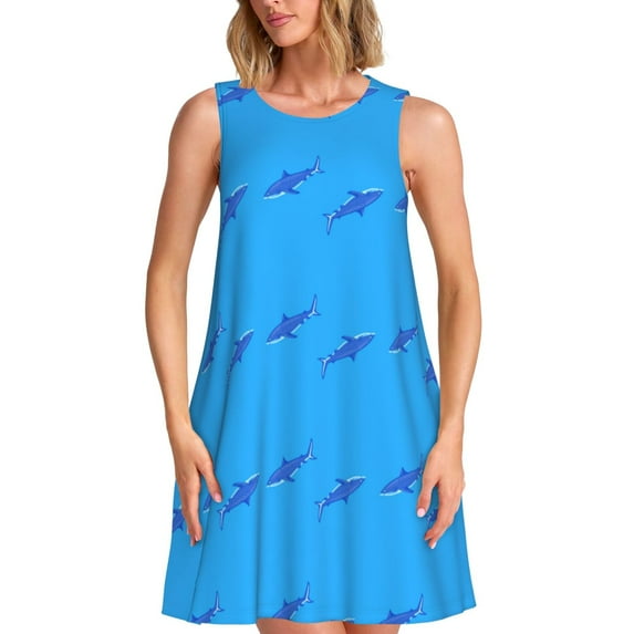 Rocae Party Shark Cute for Sleeveless Dresses Summer Casual Ruffle Sleeveless Cute Crew Neck Flowy Dress with Pockets
