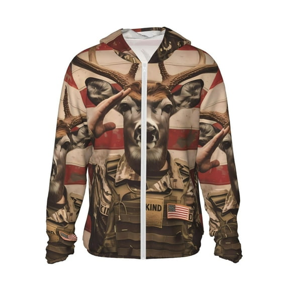 Rocae Patriotic Deer Soldier Salute Breathable Sun Protection Hoodie Quick-Dry Lightweight Long Sleeve Hoodie Unisex Running Sports Shirt-Large
