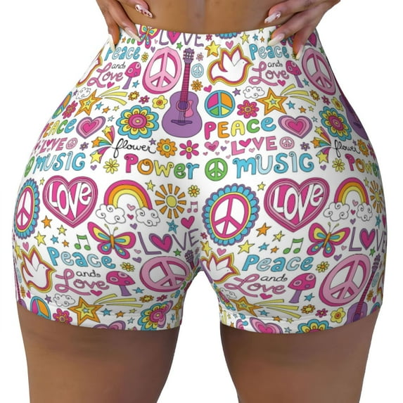 Rocae Peace Love and Dove Flower Power for Women's Quick-Dry Running Shorts,Ladies Active Athletic Apparel Yoga Workout Gym Running Volleyball Spandex Shorts Large