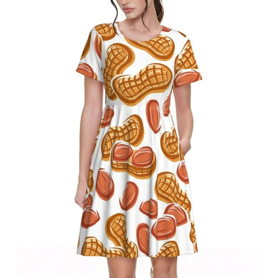 Rocae Peanuts4 for Dresses Summer Casual Ruffle Short Sleeve Cute Crew Neck Flowy Dress with Pockets