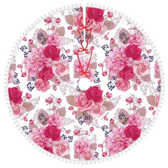 Rocae Peonies And Roses for Christmas Tree Skirt with Pom Pom Trim for Holiday Party for Holiday Home Decor Indoor Outdoor-30"