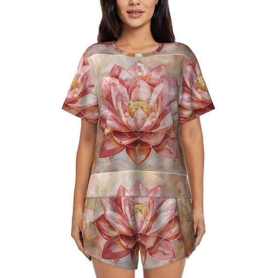 Rocae Pink Lotus for Two Piece Sleepwear Pajamas Sets for Women Soft Short-Sleeved Pjs with Lounge Shorts -XX-Large