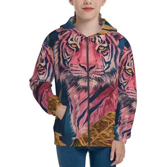 Rocae Pink Tiger Gold Leaves for Zip Up Hoodies for Teen Sweatshirt with Hood-Small