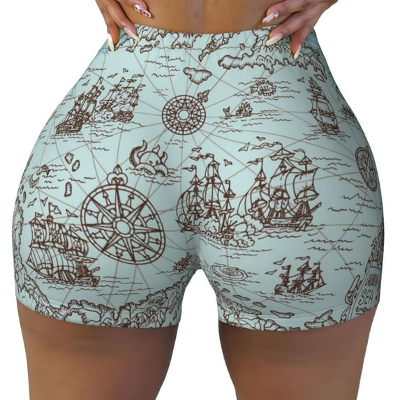 Rocae Pirate Adventure Map for Women's Quick-Dry Running Shorts,Ladies Active Athletic Apparel Yoga Workout Gym Running Volleyball Spandex Shorts