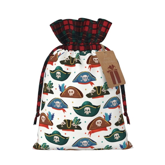 Rocae Pirate Hats Print Christmas Drawstring Linen Gift Bag with Drawstrings Treat Bag Goody Present Bags for Christmas Party Favor