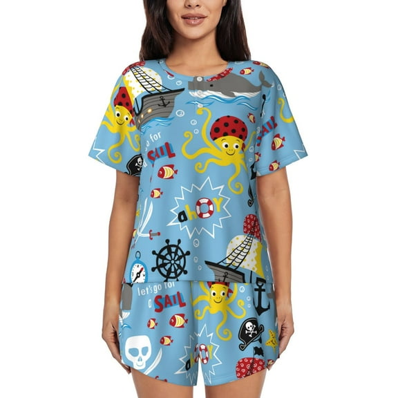 Rocae Pirate Marine Animals for Two Piece Sleepwear Pajamas Sets for Women Soft Short-Sleeved Pjs with Lounge Shorts Large