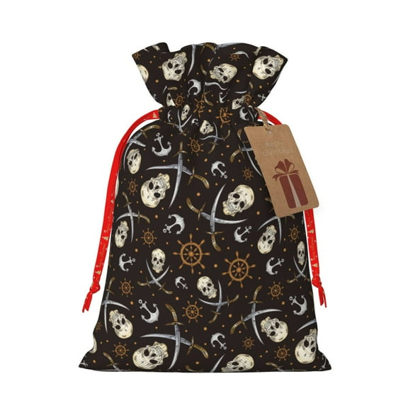 Rocae Pirate Skulls for Christmas Drawstring Linen Gift Bag with Drawstrings Treat Bag Goody Present Bags for Christmas Party Favor-Small