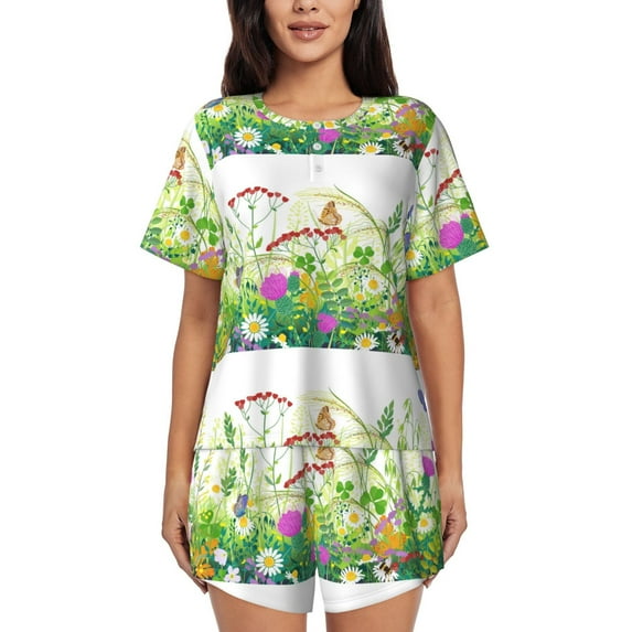 Rocae Plants and Insects for Two Piece Sleepwear Pajamas Sets for Women Soft Short-Sleeved Pjs with Lounge Shorts X-Large