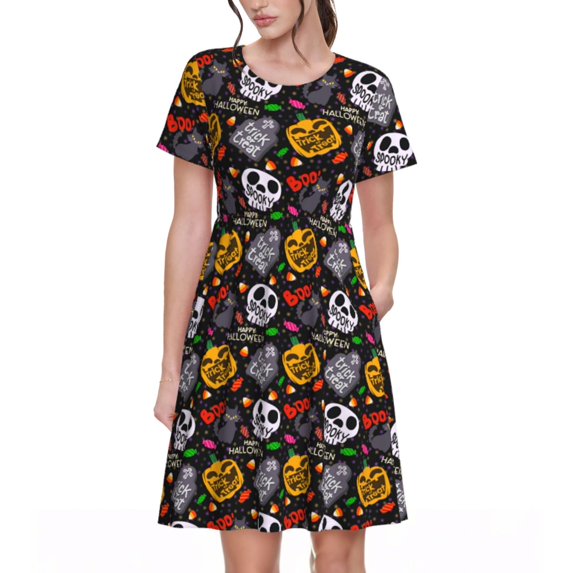 Rocae Pumpkin And Flying Bat for Dresses Summer Casual Ruffle Short Sleeve Cute Crew Neck Flowy Dress with Pockets