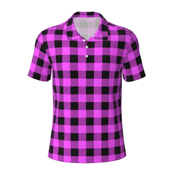 Rocae Purple Black Buffalo Plaid for Men's Short Sleeve Polo Shirt, Quick Drying Performance Moisture Wicking Sports Men's Golf Shirt X-Large