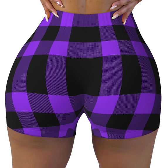 Rocae Purple Buffalo Plaid for Women's Quick-Dry Running Shorts,Ladies Active Athletic Apparel Yoga Workout Gym Running Volleyball Spandex Shorts Small