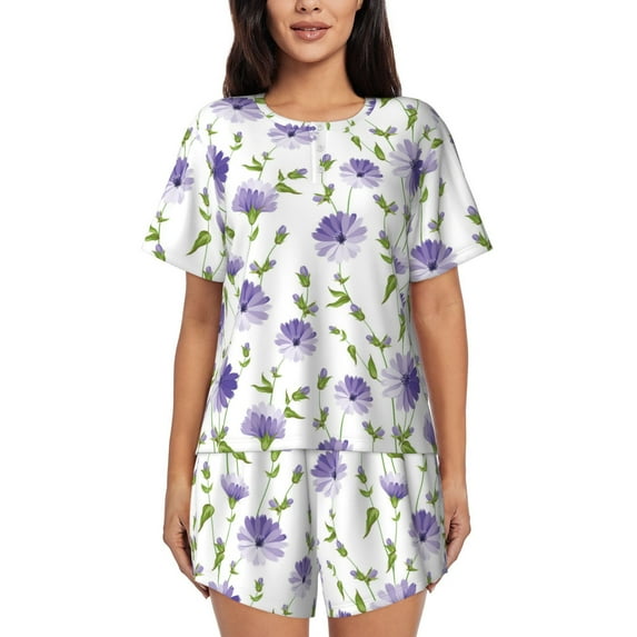 Rocae Purple Chicory for Two Piece Sleepwear Pajamas Sets for Women Soft Short-Sleeved Pjs with Lounge Shorts Large
