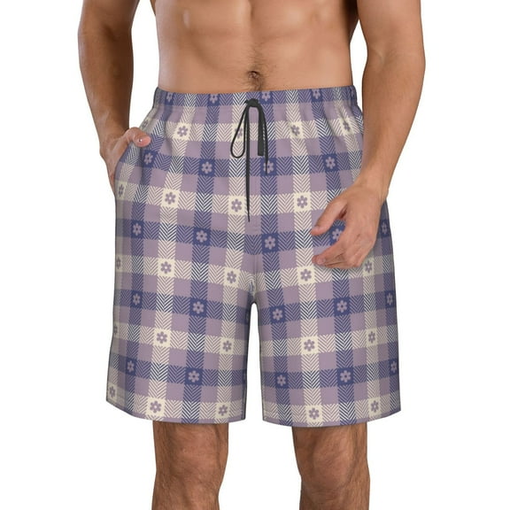 Rocae Purple Floral Gingham Check Plaid for Men's Beach Shorts Casual Elastic Waist Drawstring Summer Beach Shorts,S-3XL-Small