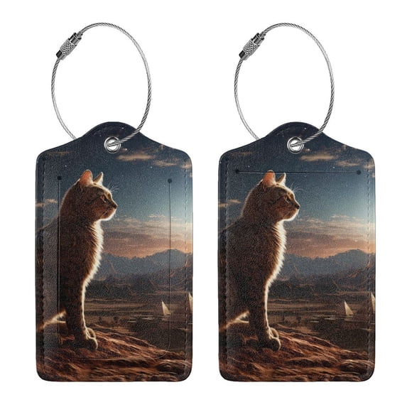 Rocae Pyramid Desert Cat for Leather Luggage Baggage Tags ID Label Privacy Cover ID Label with Stainless Steel Loop and Address Card