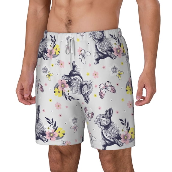 Rocae Rabbit And Butterfly for Men's Swim Trunks Quick Dry With Two Side Pockets and One Lined Patch Pocket3X-Large