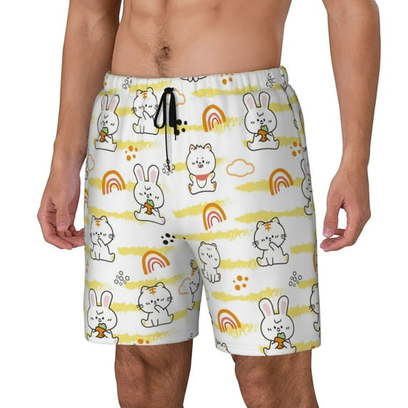 Rocae Rabbit And Milk Tea for Men's Swim Trunks Quick Dry With Two Side Pockets and One Lined Patch PocketMedium