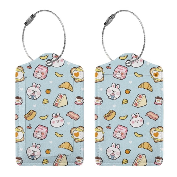 Rocae Rabbit Burger Coffee for Leather Luggage Baggage Tags ID Label Privacy Cover ID Label with Stainless Steel Loop and Address Card