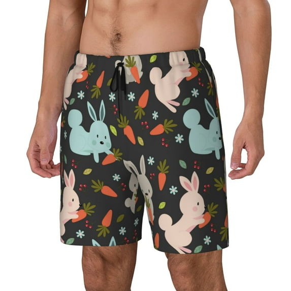 Rocae Rabbit Is Eating Carrots for Men's Swim Trunks Quick Dry With Two Side Pockets and One Lined Patch PocketLarge
