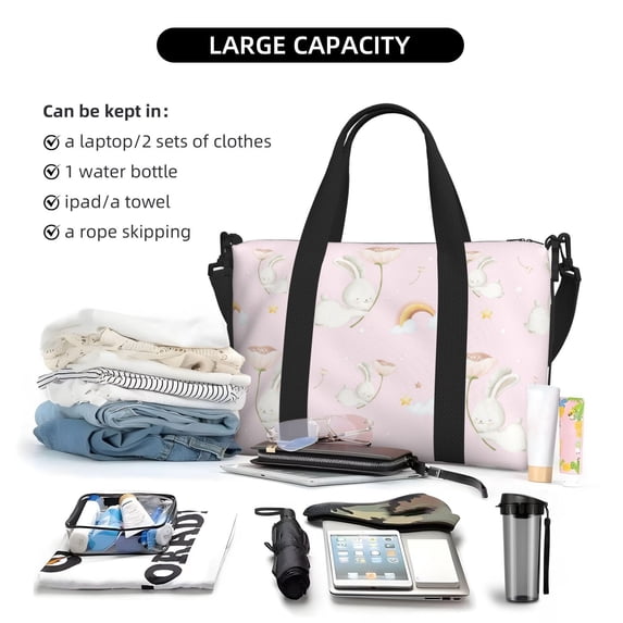 Rocae Rainboe And Rabbit for Travel Shoulder Bag Top Handle Handbag with Yoga Mat Buckle for Gym, Work, Travel