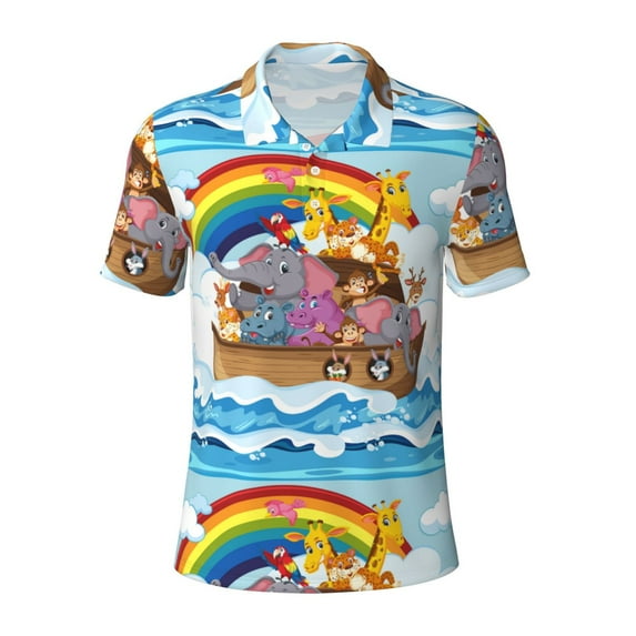Rocae Rainbow Animals on Noah's Ark for Men's Short Sleeve Polo Shirt, Quick Drying Performance Moisture Wicking Sports Men's Golf Shirt 4X-Large