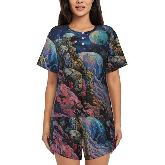 Rocae Rainbow Astronaut Space Landscape for Two Piece Sleepwear Pajamas Sets for Women Soft Short-Sleeved Pjs with Lounge Shorts -Small