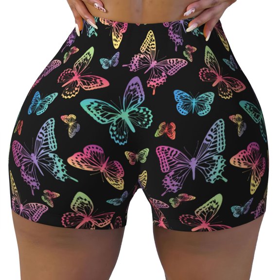 Rocae Rainbow Butterflies for Women's Quick-Dry Running Shorts,Ladies Active Athletic Apparel Yoga Workout Gym Running Volleyball Spandex Shorts Small