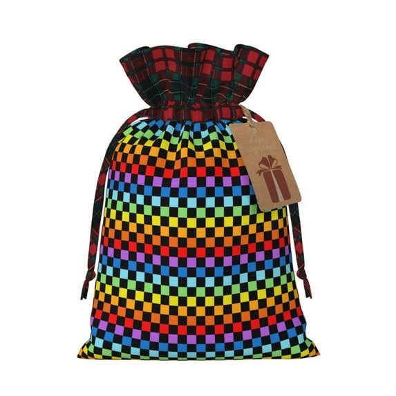 Rocae Rainbow Chequerboard Print Christmas Drawstring Linen Gift Bag with Drawstrings Treat Bag Goody Present Bags for Christmas Party Favor