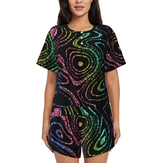 Rocae Rainbow Glitter for Two Piece Sleepwear Pajamas Sets for Women Soft Short-Sleeved Pjs with Lounge Shorts -4X-Large