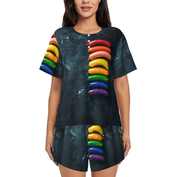 Rocae Rainbow Sausages On Dark Slate for Two Piece Sleepwear Pajamas Sets for Women Soft Short-Sleeved Pjs with Lounge Shorts -Large