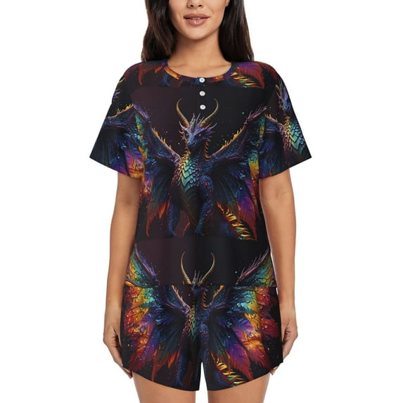 Rocae Rainbow Wings Majestic Dragon for Two Piece Sleepwear Pajamas Sets for Women Soft Short-Sleeved Pjs with Lounge Shorts -X-Large