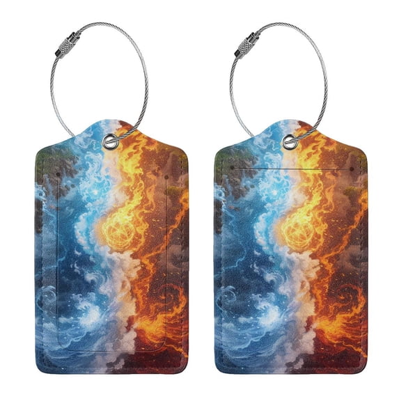 Rocae Red And Blue Flame Waves for Leather Luggage Baggage Tags ID Label Privacy Cover ID Label with Stainless Steel Loop and Address Card