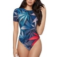 thumbnail image 1 of Rocae Red And Blue Leaves for One Piece Round Neck Short Sleeve Bodysuits for Women Casual Basic Bodysuit Daily Jumpsuit T Shirts-Small, 1 of 7